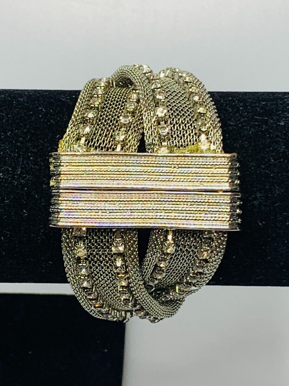 Silver Metal Mesh Bracelet with Rhinestones, Magnetic Clasp